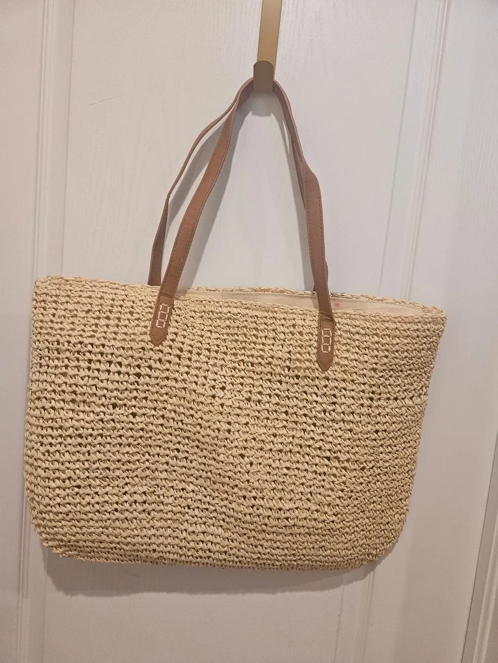 Macy's Woven Straw Tote with Green & Black Leaf Print and Brown Straps